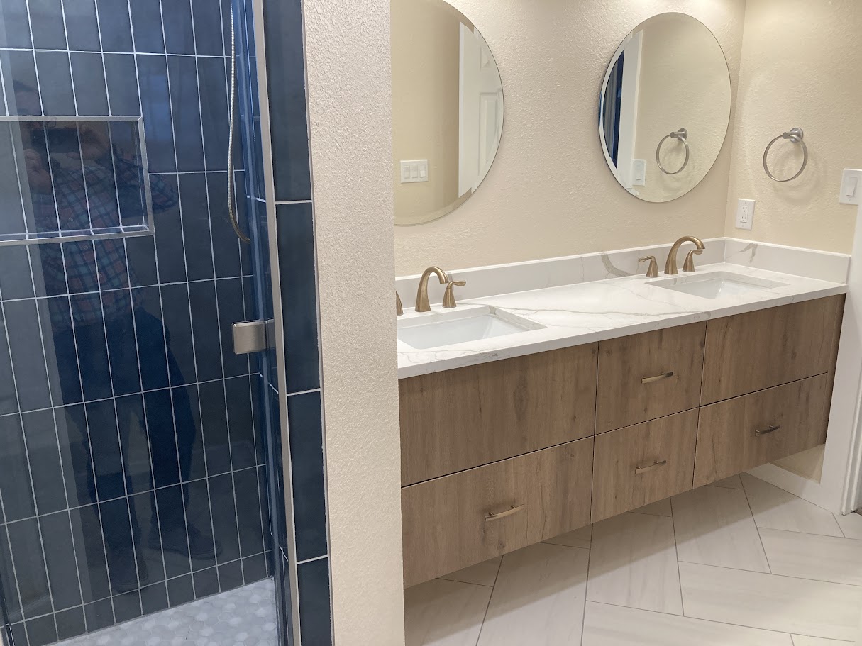Renovated bathroom with double vanity